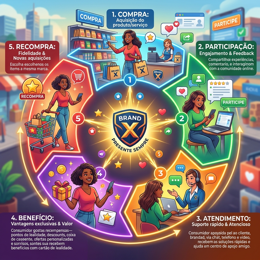 Jornada promocional planejada conectando compra, participação, benefício e fidelização do consumidor.