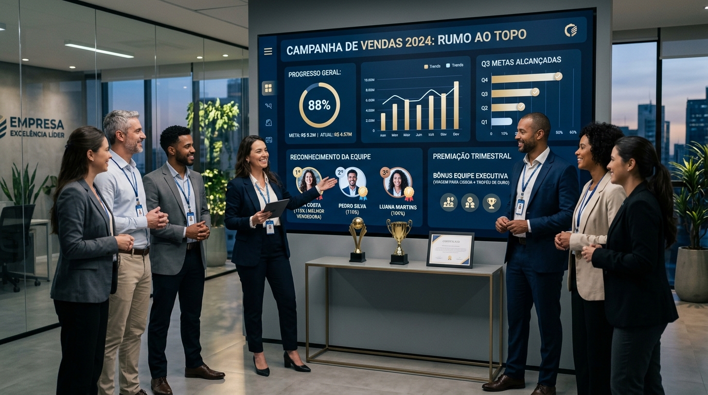 Equipe comercial acompanhando metas e resultados de uma campanha promocional estruturada.