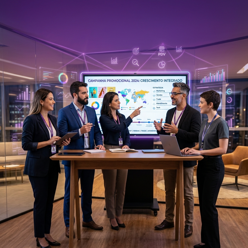 Equipe de marketing, vendas e trade planejando uma campanha promocional integrada.
