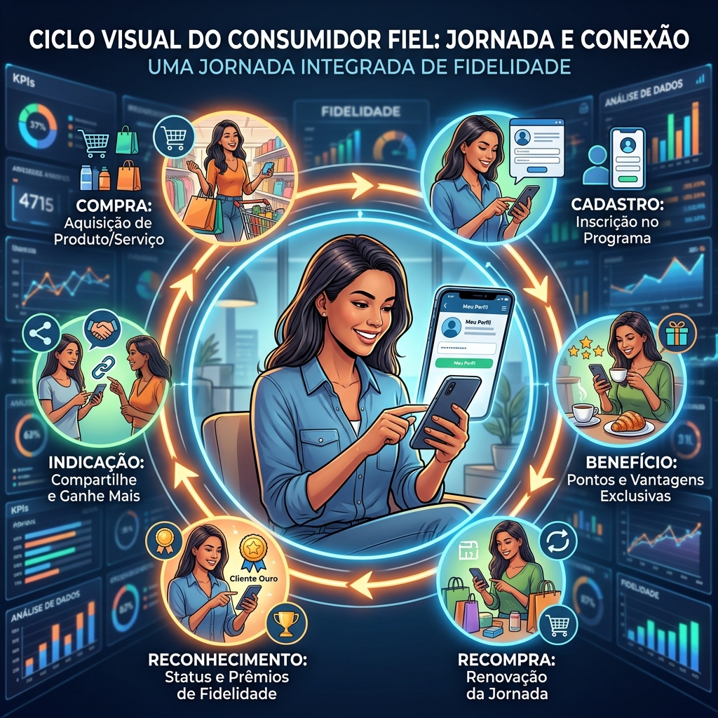 Ciclo de fidelização conectando compra, recompensa, recompra e relacionamento com o consumidor.