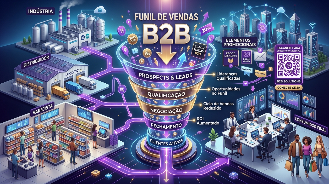 Marketing promocional conectado às etapas do funil de vendas B2B entre indústria, canal e consumidor.