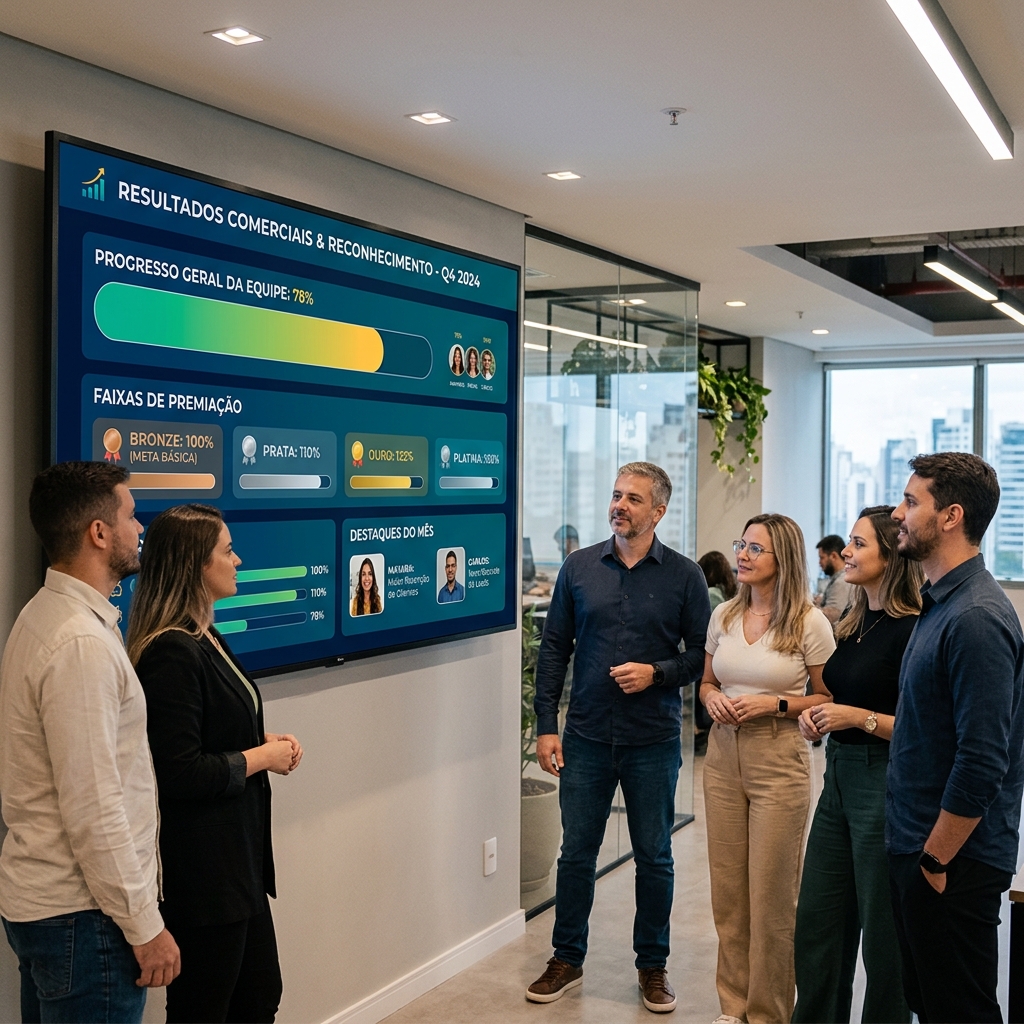 Equipe comercial acompanhando metas e premiações de uma campanha de incentivo de vendas.
